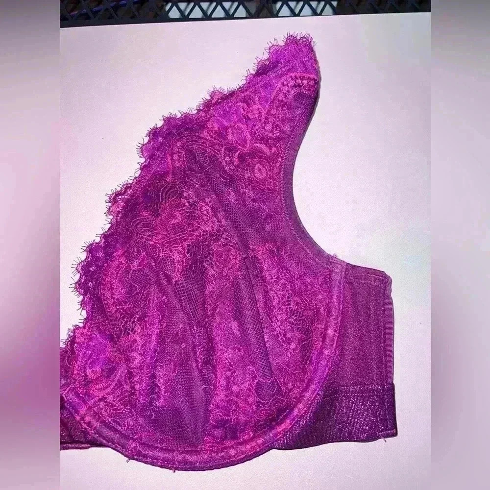 Cacique NWOT Sexy Boost Plunge Bra Womens 40D Purple Underwire Floral Lace 3Hook - Picture 2 of 14